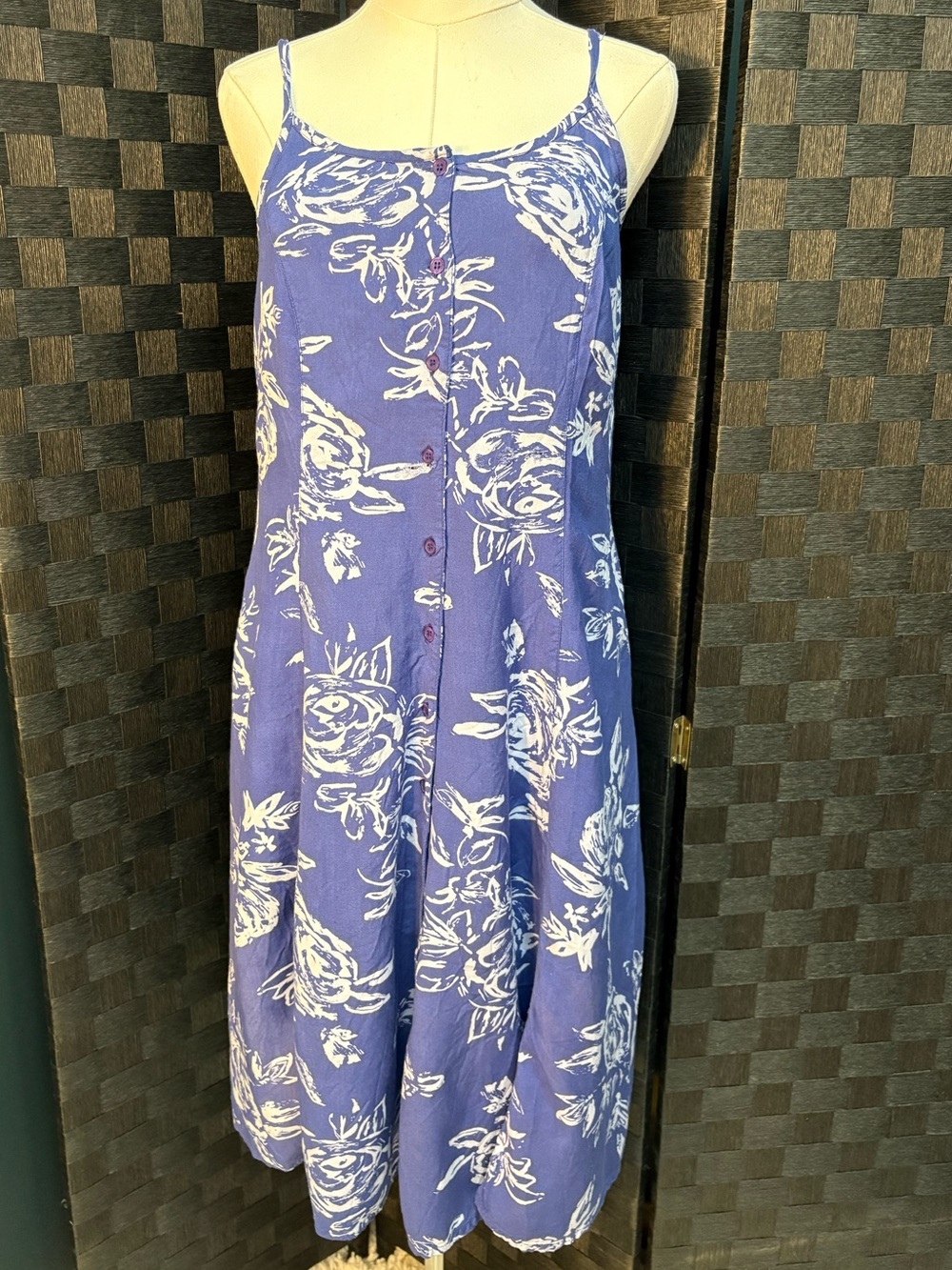 Women's Blue Floral Midi Dress with Spaghetti Straps